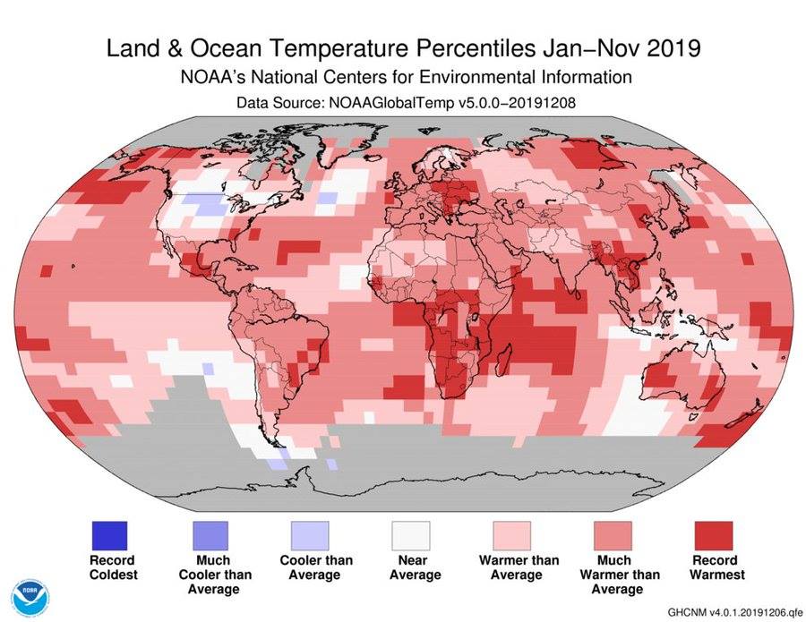 Temperatuurafwijkingen van januari tot en met november 2019